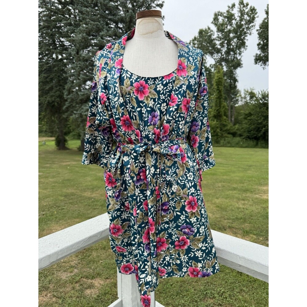 Dentelle Vintage Floral Satin Slip Dress Nightgown + Robe Lingerie Size M Y2K